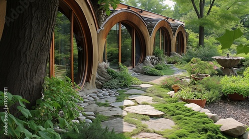a natural house with cycloid arches with garden windows photo