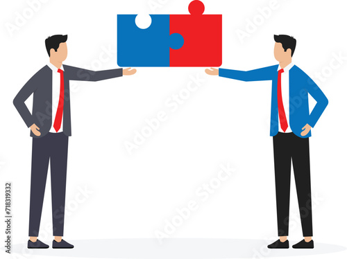 Businessmen shaking hands on a jigsaw puzzle. Business agreement partners or coordination cooperation. Building relationships leads to success. Successful business deals, contracts or negotiations.
