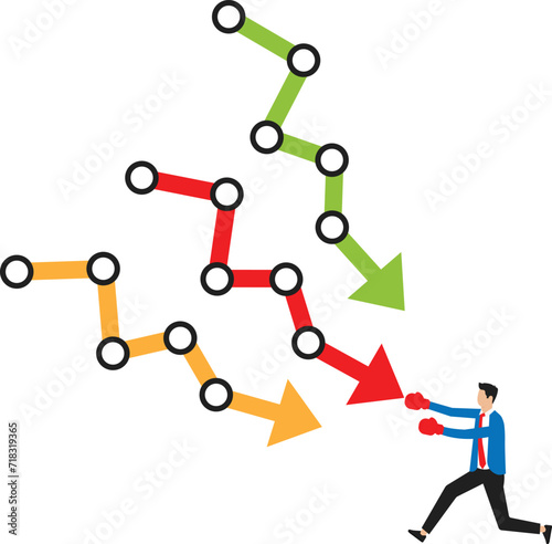 Skills concept to overcome market recession. Solve the problem in the investment crisis. Lessons About Recession. Economy Crysis. Businessman punching falling arrow to reverse uptrend.
