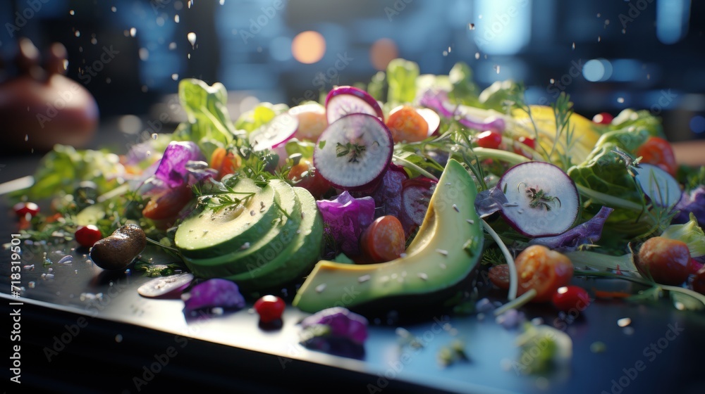  a close up of a salad with avocado, radishes, radishes and other vegetables.