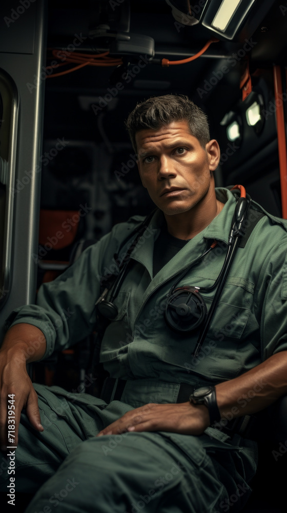 A confident male paramedic sits in an ambulance, equipped and ready for an emergency response.