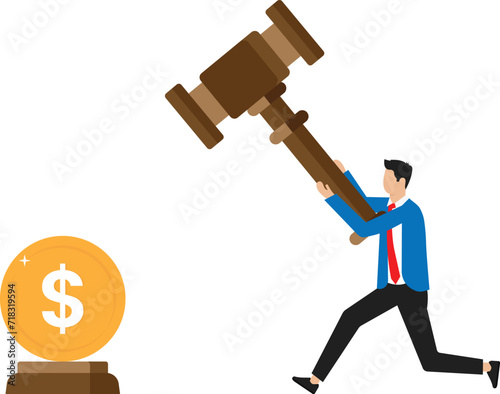 law or law to compensate payment, hammer of justice with dollar bill symbol and crash pole. Workers' compensation, wage reimbursement insurance, employee injury benefits concept.
