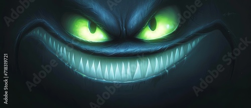 glowing large green eyes, big grin with sharp white teeth, evil smile photo