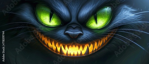 glowing large green eyes, big grin with sharp white teeth, evil smile