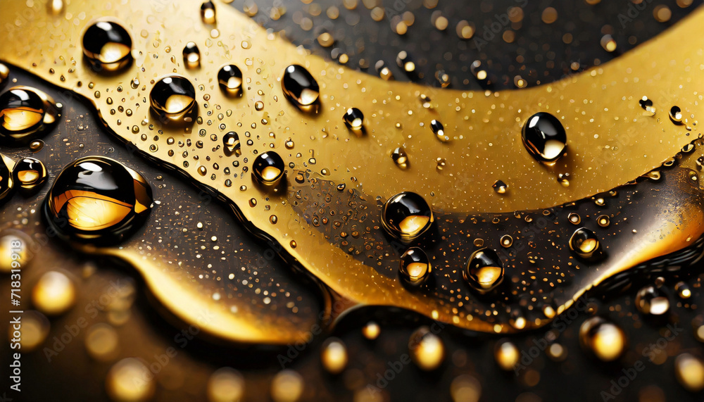 Close up of drops, gold and black colors, shiny background