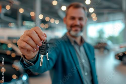 man holding vehicle key on a blurred background with a new car