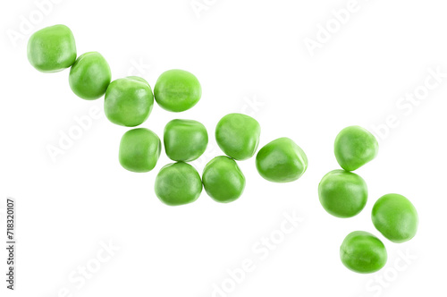 Green peas isolated on a white background, view from above.