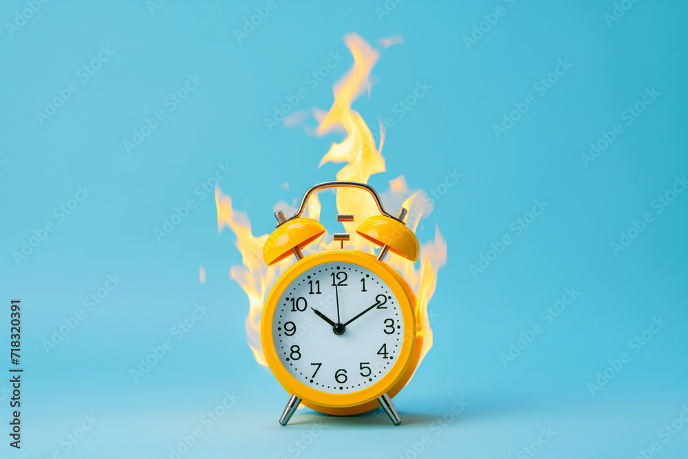 Burning alarm clock. Time out or deadline pressure concept. Clock on fire, symbol of hot sale, discounts, shopping time, countdown. Oversleep, waste of time, insomnia. Time is ending, running out. Burning alarm clock. Time out or deadline pressure concept. Clock on fire, symbol of hot sale, discounts, shopping time, countdown. Oversleep, waste of time, insomnia. Time is ending, running out.
