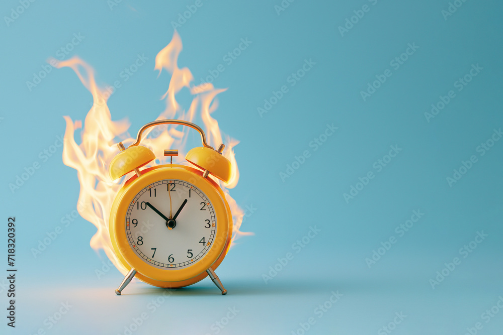 Burning alarm clock. Time out or deadline pressure concept. Clock on fire, symbol of hot sale, discounts, shopping time, countdown. Oversleep, waste of time, insomnia. Time is ending, running out. Burning alarm clock. Time out or deadline pressure concept. Clock on fire, symbol of hot sale, discounts, shopping time, countdown. Oversleep, waste of time, insomnia. Time is ending, running out.