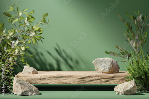 Minimal podium for cosmetic product presentation made of stone and wood. Natural product present placement display, beauty product promotion mockup. Trendy minimalist natural background