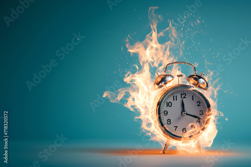 Burning alarm clock. Time out or deadline pressure concept. Clock on fire, symbol of hot sale, discounts, shopping time, countdown. Oversleep, waste of time, insomnia. Time is ending, running out. photo