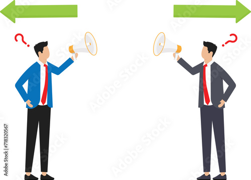 Dilemma or moral conflict and decision problem or question, choosing options and disagreement or argument for business direction, alternative or solution, confused businessman choosing direction.
