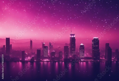 City panorama under a neon purple pink night sky