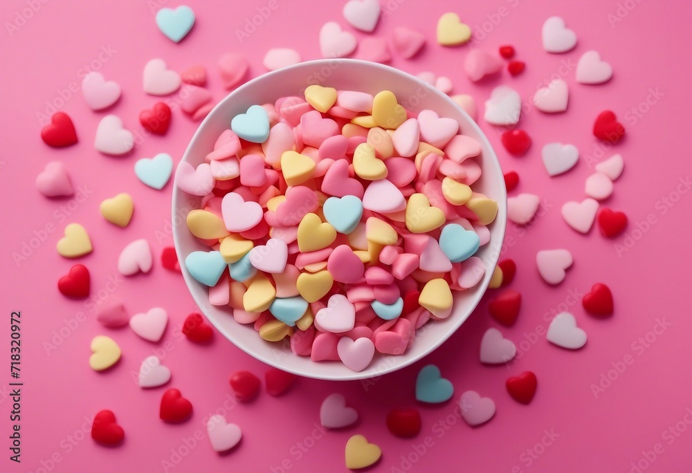 Bowl with hearts holding pile of candy hearts surrounded by pile of more candy on pink background Top view Bowl with hearts holding pile of candy hearts surrounded by pile of more candy on pink background Top view
