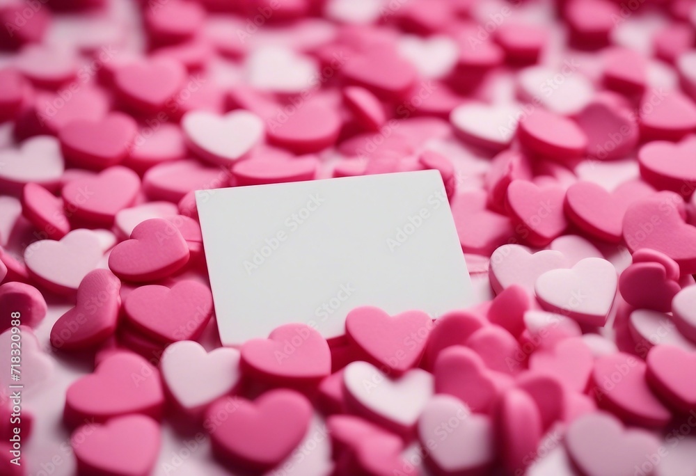 Brightly colored candy hearts white card laying on top with copy space Valentines Day or anniversary postcard