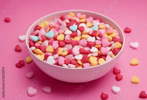 Bowl with hearts holding pile of candy hearts surrounded by pile of more candy on pink background
