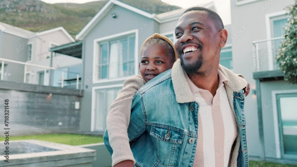 Dad, child and piggyback in new home, outdoor and happy for purchase, mortgage and real estate in community. Homeowner, smile for moving in and buying or building for asset and investment property