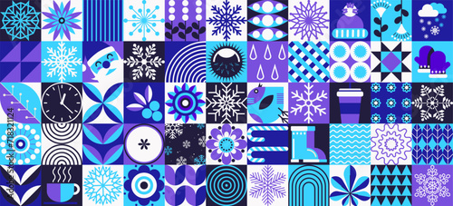 Geometric winter pattern. Scandinavian style. Merry Christmas and Happy New Year! Mosaic abstraction. Vector minimal pattern
