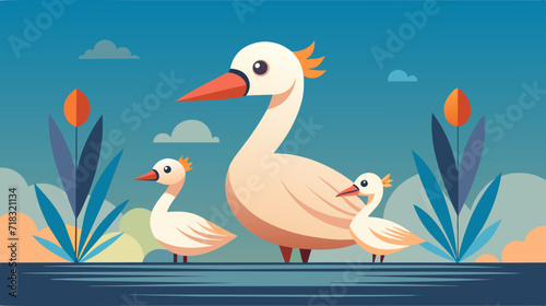 Family of cartoon swans on a tranquil lake with scenic backdrop