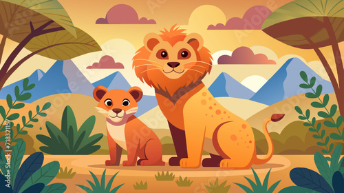 Cartoon lion and cub in a serene african landscape