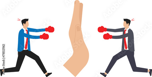 Negotiation or stop fighting, Conflict management and leadership skills to compromise and solve argument problems, businessman leader standing in center to stop boxing world fighting conflict.
