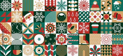 Geometric winter pattern. Scandinavian style. Merry Christmas and Happy New Year! Christmas collage. Vector minimal illustration