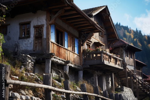 Aged wooden house in mountain village, Weathered hut in nature landscape