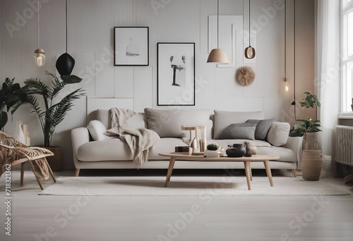 Contemporary Interior Design Background Scandinavian Living Room in Light Colors with Artworks on the Wall