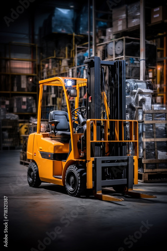A solitary forklift stands ready in the illuminated aisle of a storage warehouse.