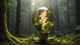 Creative light bulb with  plant in nature, Sustainable development concept. Light bulb with green grass on foliage background. Generative AI
