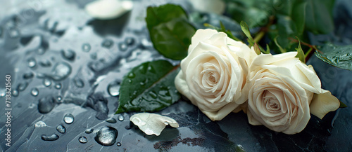 White roses on a wet  black background  highlighting natural elegance.