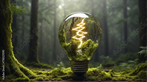 Creative light bulb with plant in nature, Sustainable development concept. Light bulb with green grass on foliage background. Generative AI 