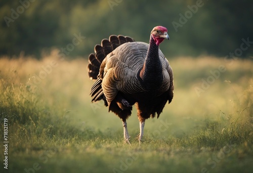 Female wild turkey walking in grass