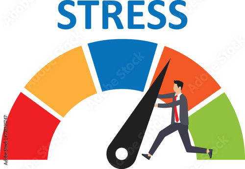 Stress level reduced with problem and pressure solving tiny persons concept. Tired from frustration employee in job.
