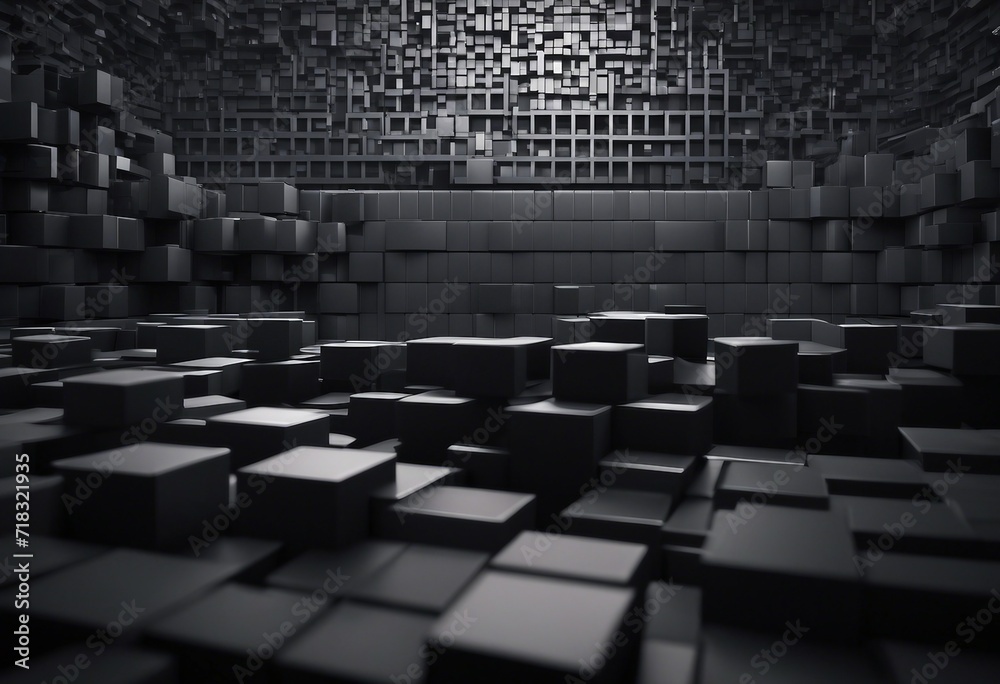 Fototapeta premium Futuristic Room Made of Dark Ruined Tiles And Square Blocks