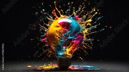 Creative light bulb explodes with colorful paint and colors on dark background. Color splash in bulb with colorful background. New idea, brainstorming concept. Generative AI