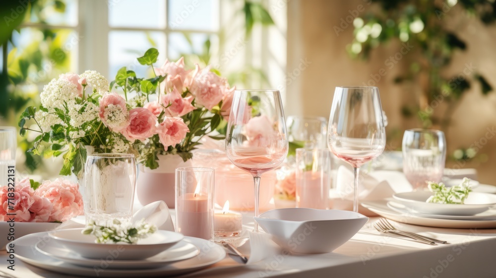 a table set for a formal dinner with a vase of flowers in the middle of the table and a candle in the middle of the table. a table set for a formal dinner with a vase of flowers in the middle of the table and a candle in the middle of the table.