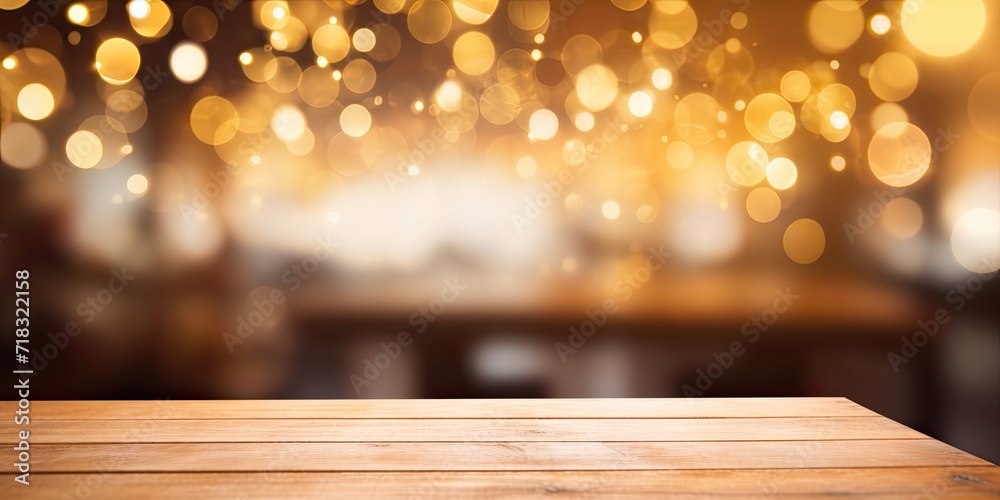 Wooden table in cafe with blurred golden bokeh