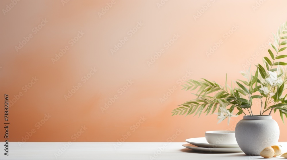  a vase with a plant in it sitting on a table next to a plate with a cup and saucer.