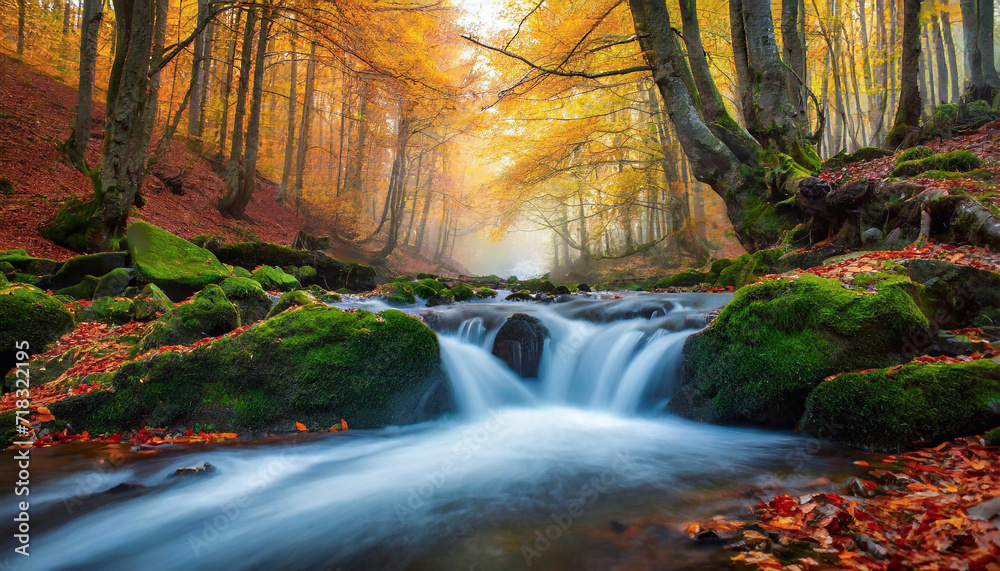 Jesienny las o świcie, rzeka i wodospady, krajobraz - obrazy, fototapety, plakaty 