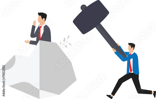 Ice breaking or icebreaker activity, game and event. Vector artwork of a group of people using sledgehammer to break it stock illustration
