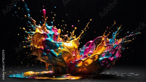 Creative explodes with colorful paint and colors, smudge paint blot splash. Color splash on dark background, spectrum rainbow Generative AI