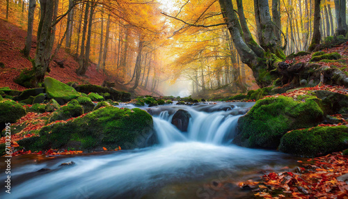 Jesienny las o świcie, rzeka i wodospady, krajobraz photo