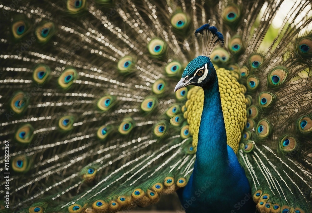 Fototapeta premium Male peacock with mating plumage fully displayed close up