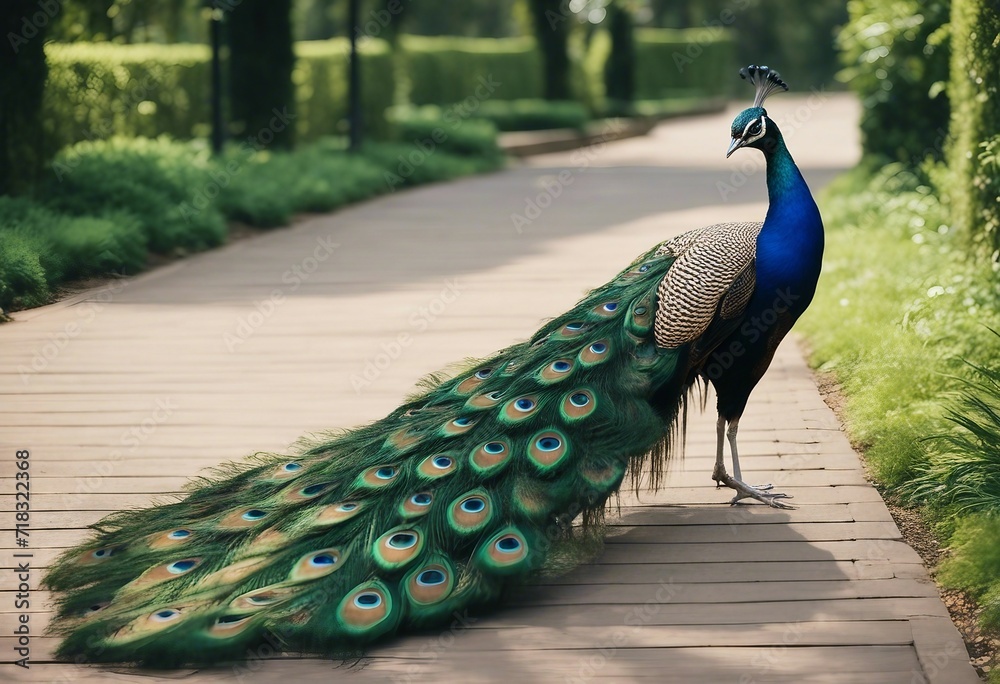 Fototapeta premium Male peacock with mating plumage standing on a walkway in a local park