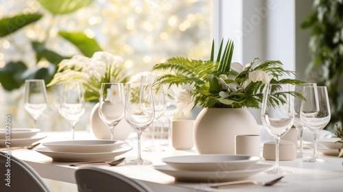  a table set for a formal dinner with wine glasses, plates, and a vase with a plant in it. photo