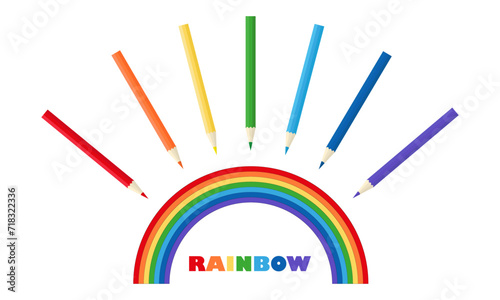 All the colors of the rainbow.
Colored pencils with hand drawing of rainbow. Studying colors.