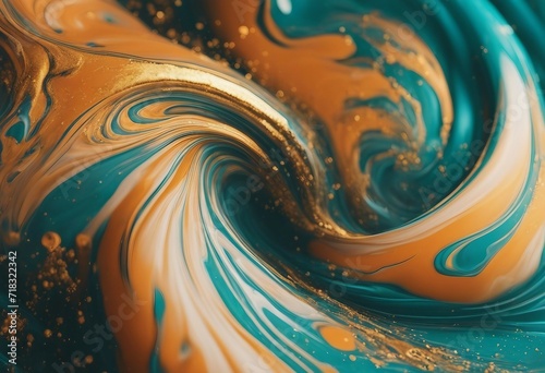 Luxurious Marbling Background Paint Swirls in Beautiful Teal and Orange colors with Gold Powder Abstract Waves