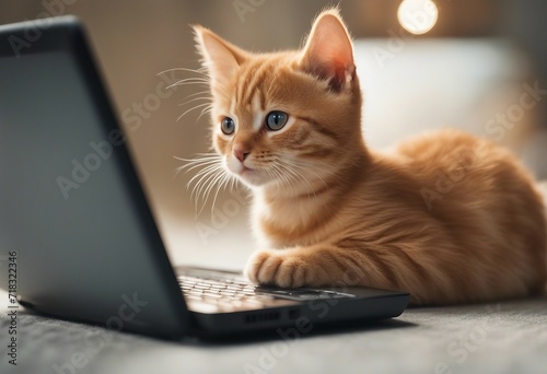 Male orange tabby cat looking at miniature laptop type computer and typing on keyboard
