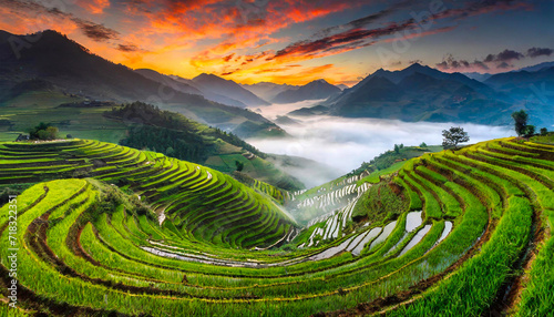 Zielone pola ryżowe na tle gór we mgle, Wietnam photo